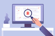 Computer virus concept. Hand with magnifying glass testing software. Bug virus icon on computer screen. Vector illustration. Search bug and virus, magnifier glass in hand