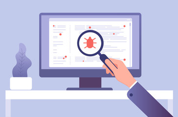 computer virus concept. hand with magnifying glass testing software. bug virus icon on computer scre