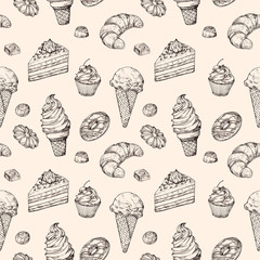 Sticker - Sketch dessert seamless background. Cakes sweets cupcake and ice cream hand drawn vector wrapping texture. Illustration of cupcake and dessert, sweet food and chocolate