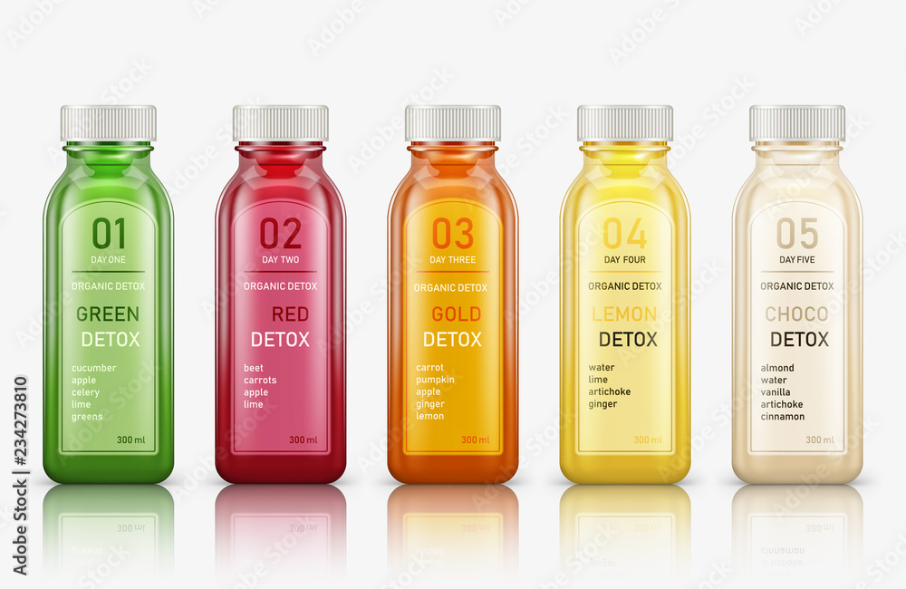 Various fresh vegetable detox juices, colourful smoothies in the bottle on a white background. Vector illustration - obrazy, fototapety, plakaty 