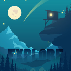 Wall Mural - night flat vector mountain landscape with moon, stars and mountain home silhouette. landscape outdoo