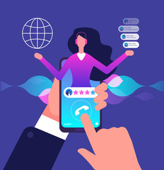 Sticker - Assistant app. Hotline customer service. Internet adviser talk to client. Virtual support and mobile assistance vector concept. Assistant help service, online operator or consultant phone illustration