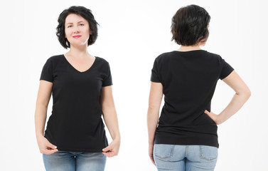 Women black blank t shirt, front and back rear view isolated on white background. Template shirt, copy space and mock up for print design.