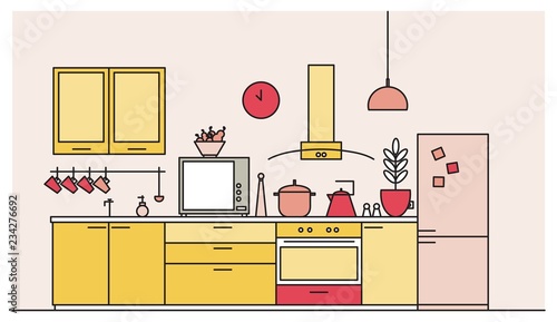 Trendy Interior Of Kitchen Full Of Modern Furniture Household Appliances Cookware Cooking Facilities Tools Equipment And Home Decorations Colorful Vector Illustration In Modern Line Art Style Buy This Stock Vector And
