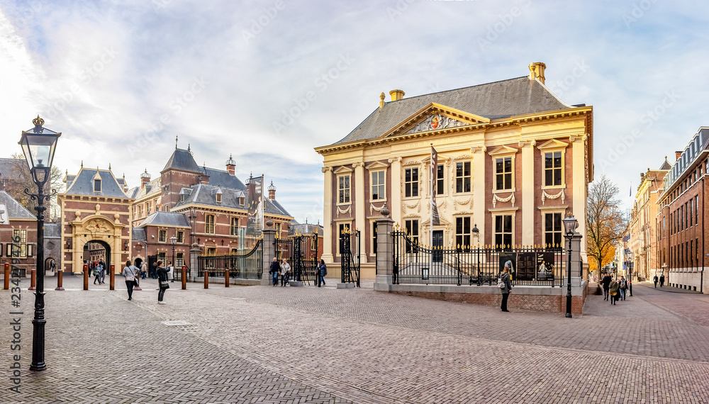 Obraz na płótnie Panorama photo of the Mauritshuis with the Grenadierspoort to the Binnenhof in the Hague w salonie