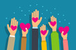 Charity and donation concept. People give hearts in palm hand. Flat style vector illustration.