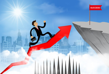 Businessman running on a arrow go to flag red on cliff obstacle. go to goal and business finance success. challenge and overcome problem. leadership. creative idea. cartoon vector illustration