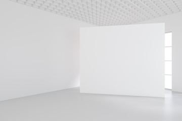 White billboard standing near a window in a white room. 3D rendering.