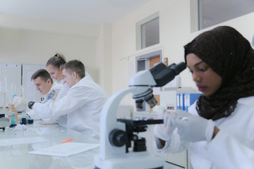 Wall Mural - Group of multiethnic Laboratory scientists working at lab with test tubes, test or research in clinical laboratory.Science, chemistry, biology, medicine and people concept.