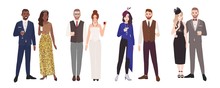 Bundle Of Elegant Romantic Couples In Evening Outfits Holding Glasses With Drinks. Set Of Fashionable Men And Women Dressed For Cocktail Party. Colorful Vector Illustration In Flat Cartoon Style.