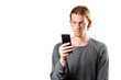 © stas_malyarevsky - Male portrait of a fair-haired man of European appearance, on a white background. Emotions. A man with a phone. Talking on the smartphone.