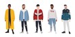 Collection of young men dressed in fashionable clothes isolated on white background. Set of guys wearing trendy apparel. Bundle of street style outfits. Flat cartoon colored vector illustration.