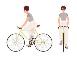 Wall Mural - Young woman or girl dressed in sportswear riding bicycle. Flat female cartoon character wearing casual clothes on bike. Pedaling cyclist isolated on white background. Colorful vector illustration.