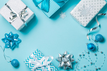 Sticker - Christmas background - presents and decorations in silver and blue