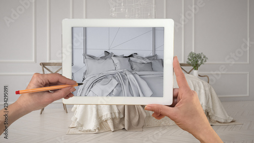 Hands Holding And Drawing On Tablet Showing Classic Bedroom With