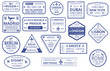 Blue border custom stamps in passport on isolated white background.