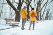© phpetrunina14 - couple walking by snowed city park talking socializing. romantic date in winter time