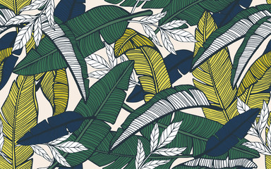 Wall Mural - seamless tropical pattern with banana leaves. hand drawn