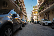 Typical Street With Cars In Athens In Greece.