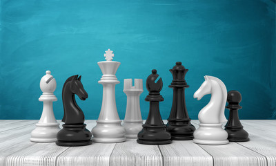 3d rendering of a set of black and white chess figurines standing on a wooden table.