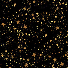 Christmas and New Year seamless pattern of gold stars and confetti for packaging, wrappers, fabrics and light industry. Vector image, background.