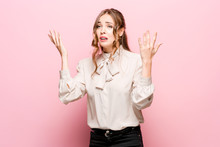 Portrait Of Displeased Upset Female Frowns Face As Going To Cry, Being Discontent And Unhappy As Cant Achieve Goals, Isolated Over Pink Studio Background. Dissapointed Young Woman Has Troubles