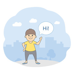 Welcome picture for presentations. A friendly young man is waving his hand and saying HI, city silhouette on background. Isolated vector illustration in line style.