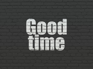 Wall Mural - Timeline concept: Painted white text Good Time on Black Brick wall background