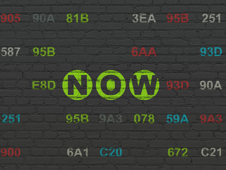 Time concept: Painted green text Now on Black Brick wall background with Hexadecimal Code