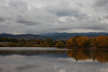 autumn landscape with lake and blue sky