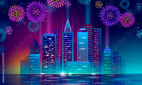 Neon Bright Skyser Holiday Christmas Cityscape New Year New Year Polygonal Point Line Dark Blue Night Sky Eve Greeting Card Template Glowing Light Party City Silhouette Vector See More