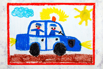 Colorful hand drawing: police car and two policemen