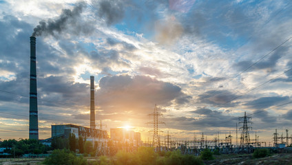 high-voltage power lines. electricity distribution station. high voltage electric transmission tower