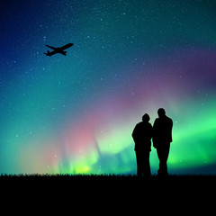Sticker - Old lovers and flying aircraft in park. Vector illustration with silhouette of elderly couple. Blue pastel background