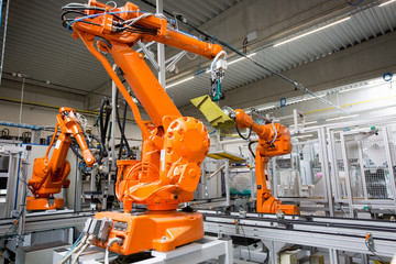 industrial automatic robot arms in the production line, inteligent factory industry