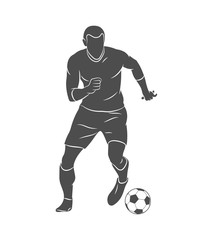 Wall Mural - Silhouette soccer player quick shooting a ball on a white background