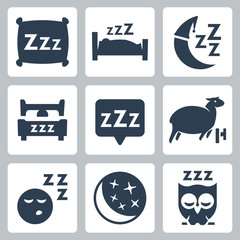 Vector isolated sleep concept icons set: pillow, bed, moon, sheep, owl, zzz