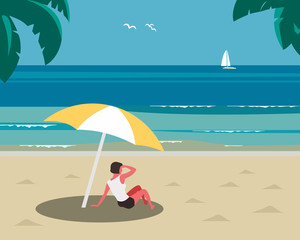 Wall Mural - Rest on sea beach. Vacation on seashore coast. Young girl rests under sun umbrella on sand beach. Concept to relax, enjoy calm ocean marine landscape scenic view. Minimal style. Vector illustration