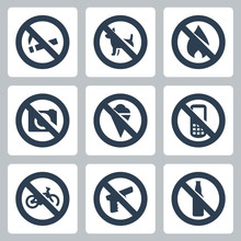 Vector "prohibitory Signs" Icons Set: No Smoking, No Dogs, No Fire, No Cameras, No Icecream, No Cell Phones, No Bicycles, No Guns, No Alcohol