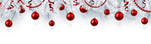 Christmas And New Year Banner With White Fir Branches And Red Christmas Balls.