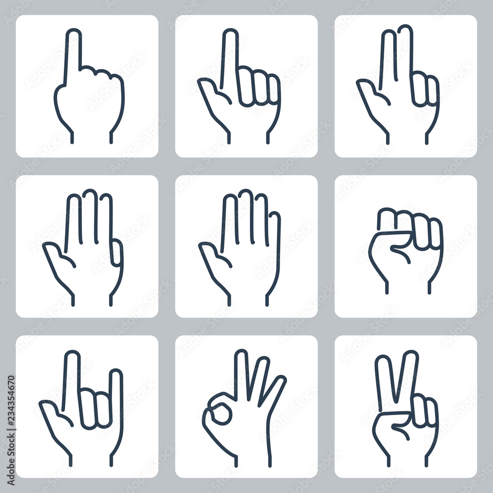 Vector hands icons set: finger counting, stop gesture, fist, devil horns gesture, okay gesture, v sign - obrazy, fototapety, plakaty 