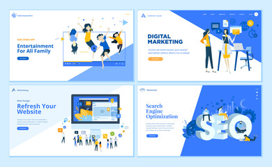 Set of flat design web page templates of SEO, web development, digital marketing, family entertainment. Modern vector illustration concepts for website and mobile website development. 