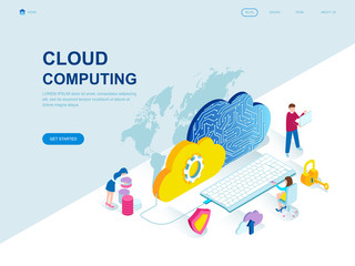 Modern flat design isometric concept of Cloud Technology decorated people character for website and mobile website development. Isometric landing page template. Vector illustration.