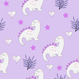 Fototapeta Dinusie - Funny baby dinosaur seamless pattern on the purple background. Baby cloth design, wallpaper, wrapping. Vector illustration.