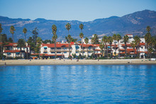 Beautiful View Of Santa Barbara Ocean Front Walk, With Beach And Marina, Palms And Mountains, Santa Ynez Mountains And Pacific Ocean, Santa Barbara County, California, United States, Summer Sunny Day