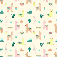 Seamless Pattern Of Cute Multicolored Llamas Or Alpacas, Mountains, Cacti On A Light Background. Image For Children, Room, Textile, Clothes, Cards, Wrapping Paper. Hand-drawn Illustration.