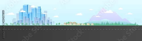 Urban landscape with large modern buildings and suburb with private houses on a background mountains and hills. Street, highway with cars. Concept city and suburban life. © Igor