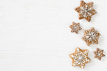 Christmas Homemade Gingerbread Cookies On The White Wooden Background.