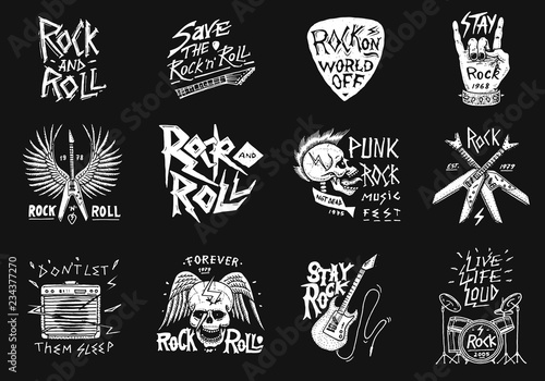 Cuadros en Lienzo Set of Rock and Roll music symbols with Guitar Wings Skull, Drums Plectrum