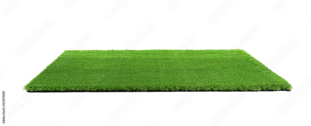 Artificial grass carpet on white background. Exterior element - obrazy, fototapety, plakaty 